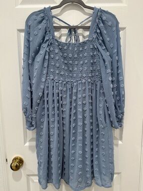 Listicle Blue Textured Swiss Dot Smocked Babydoll Dress